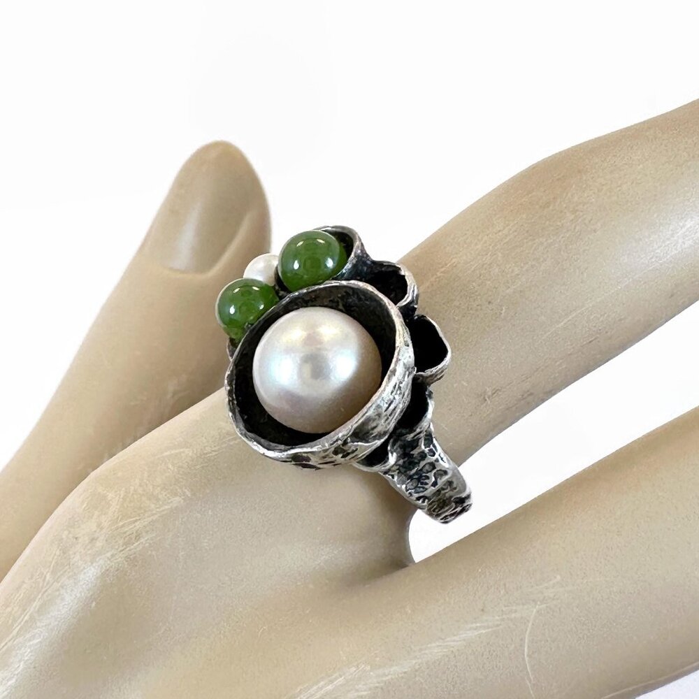 Vintage Ring, Nephrite Jade, Pearl, Sterling Silver, Brutalist, Unique